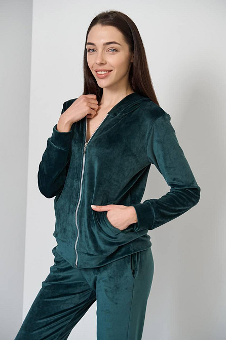 Женский велюровий костюм на змейке с капюшоном Изумрудный L Харьков - изображение 1