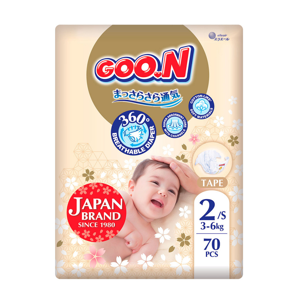 Підгузки Goo.N Premium Soft для дітей (розмір 2(S), 3-6 кг, 70 шт) Дніпро - фото 1