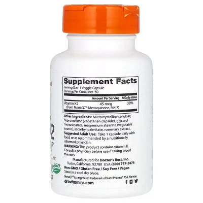 Вітамін Doctor&apos;s Best Вітамін K2, MK-7 з MenaQ7, 45 мкг, Vitamin K2 MK-7 with MenaQ7, 60 вегетаріан (DRB-00198) Вінниця - фото 2