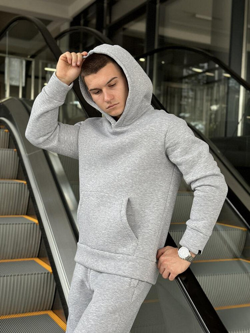 Теплое мужское худи на флисе с капюшоном серое меланжевое Pobedov 008 ЗИМА Киев - изображение 5