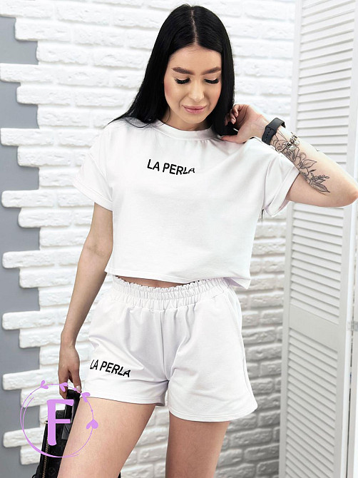 Костюм спортивний з шортами "La perla" оптом | Розпродаж моделі Білий, 46-48 Київ - фото 3