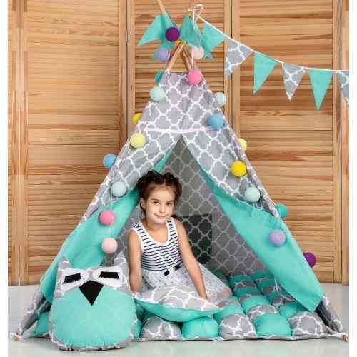 Вігвам Хатка комплект бонбон Сонце Бірюза із сірим з подушками Київ