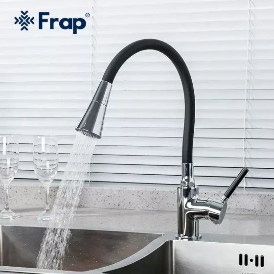 Смеситель для кухни Frap F4044 с гибким изливом, 2 режима, черный/хром Киев
