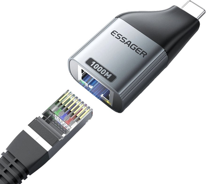 Адаптер Essager Type-C to RJ-45 1000 Mbit сірий для ноутбука і телефона, перехідник Тайп-С на мережевий кабель Ethernet LAN (EZJRJK-MJ0G-P) Миколаїв - фото 3