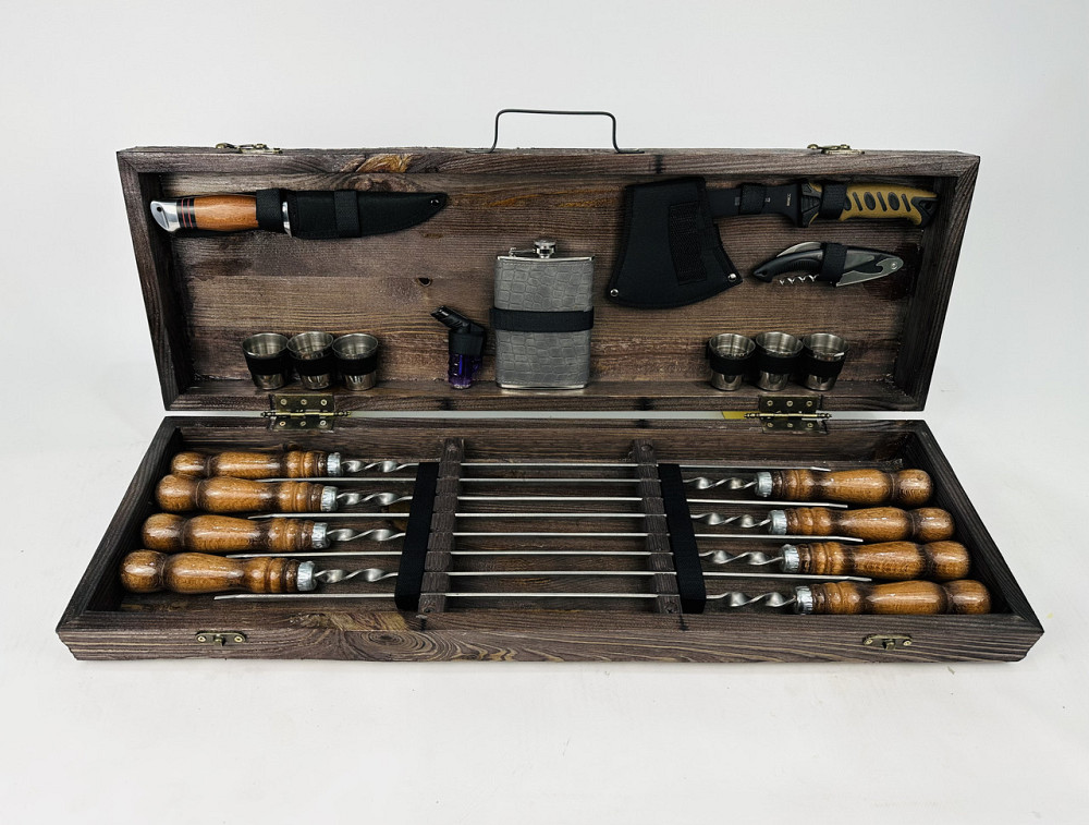 Подарунковий набір шампурів в дерев'яному кейсі для пікніка МИСЛИВЕЦЬ ручної роботи (шампура і аксесуари) HAPPY DAYS Тернопіль - фото 1