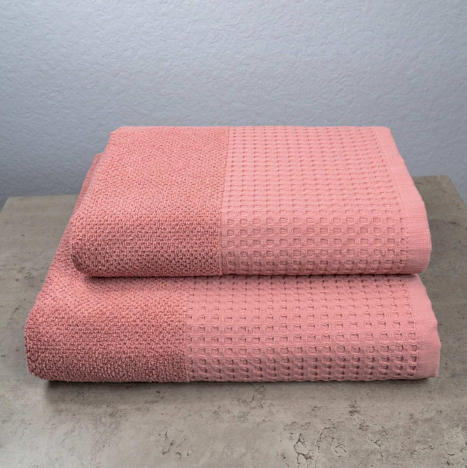 Комплект махровых полотенец Вафельный Бордюр 2шт GM Textile 50х90см, 70х140см 500г/м2 (Пудра) Сумы - изображение 1