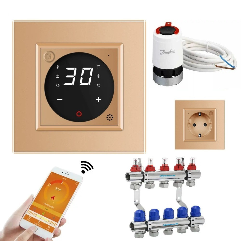 Комплект дистанційного керування водяною теплою підлогою LIVOLO золотий скло (VL-C7FCEZ-TC16AZ-2AP) Коломыя - изображение 3