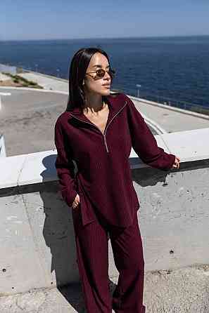 Женский повседневный оверсайз костюм двойка: кофта и штаны трикотаж пума рубчик Бордо Одесса