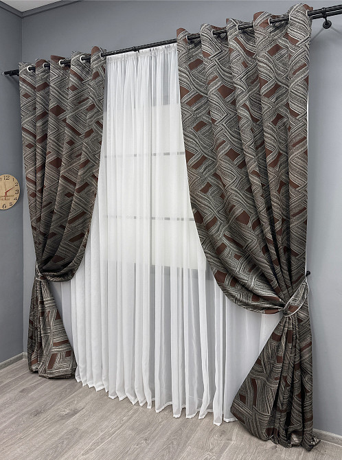 Комплект штор на люверсах VR-Textil Жаккард Mystery № 1623ш Серый с венге 150х280 см 2 шт (37-0205) Киев - изображение 3