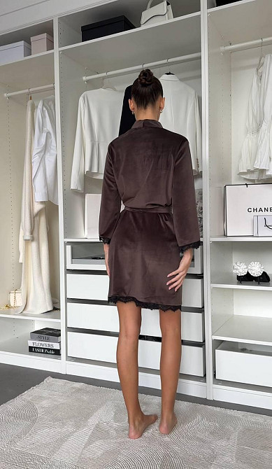 Женский халат на запах с кружевом велюр Шоколадный, Oversize 42/46 Одесса - изображение 6