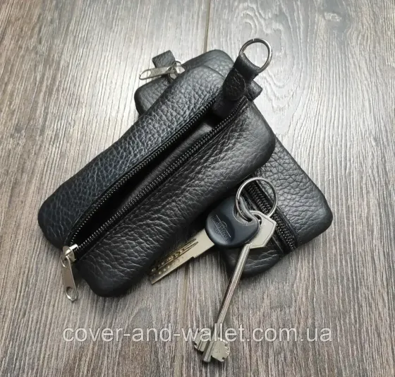 Шкіряна ключниця на дві блискавки чорного кольору MD Leather Київ