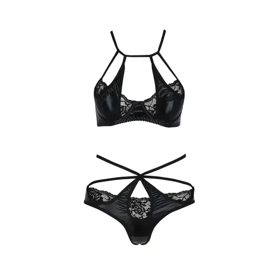 Комплект білизни Passion Exclusive NAVEL SET XXL/XXXL, black, трусики та ліф з елементами під латекс Львов