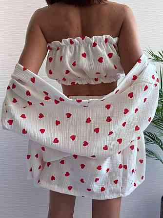 Жіночий ніжний домашній костюм-трійка: халат топ і шорти із сердечками муслін 100% бавовна Білий 2 Одеса