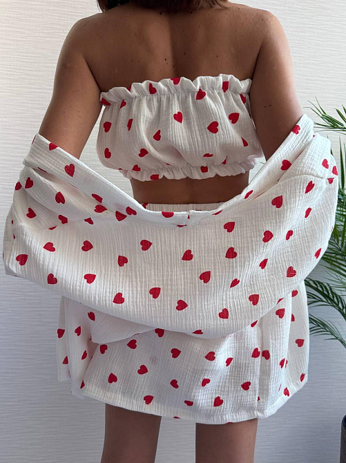 Жіночий ніжний домашній костюм-трійка: халат топ і шорти із сердечками муслін 100% бавовна Білий 2 Одеса - фото 6