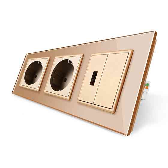 LIVOLO Розетка тримісна силова із заземленням і USB Livolo золотий скло (VL-C7C2EU1USB0-13) Коломия