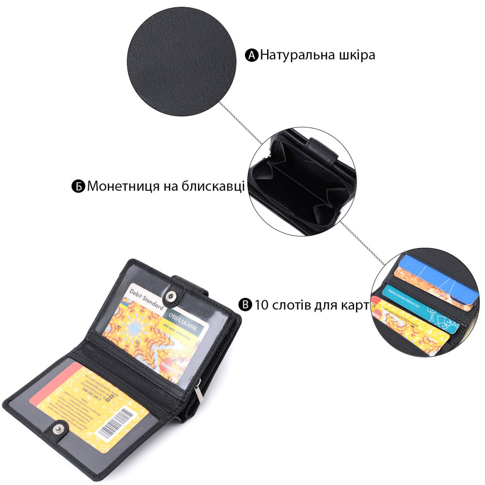 Женский кошелек с монетницей и блоком для пропусков из натуральной кожи Черный (ST Leather) Киев - изображение 8