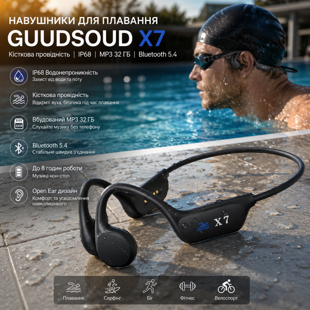 Наушники для плавания Guudsoud X7, костная проводимость, IP68, MP3 32 ГБ, Bluetooth 5.4, до 8 ч, Open Ear Киев - изображение 1