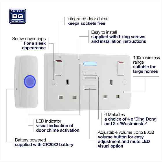 Бездротовий дверний дзвінок BG Electrical 822BELL IP44 з кнопкою, 6 мелодій, 100 м, LED-індикатор, подвійна розетка Київ
