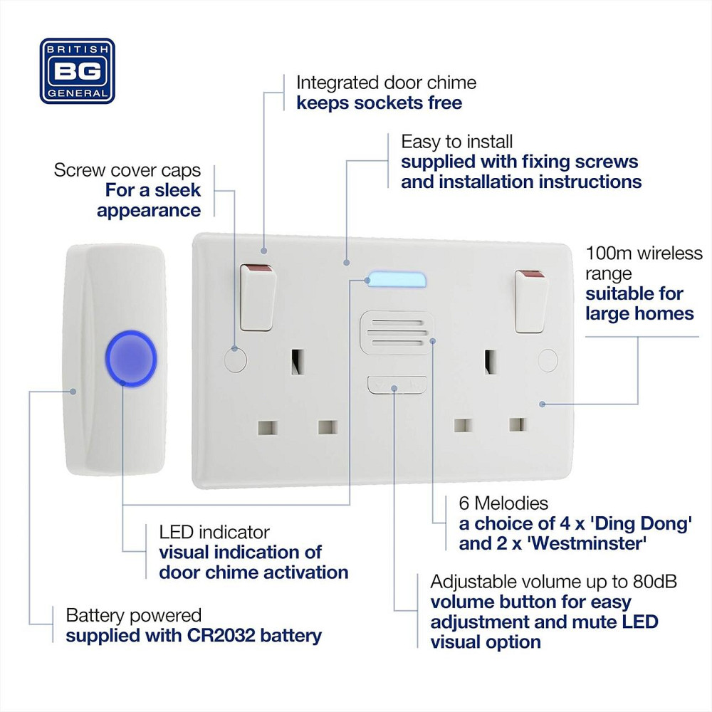 Бездротовий дверний дзвінок BG Electrical 822BELL IP44 з кнопкою, 6 мелодій, 100 м, LED-індикатор, подвійна розетка Київ - фото 2