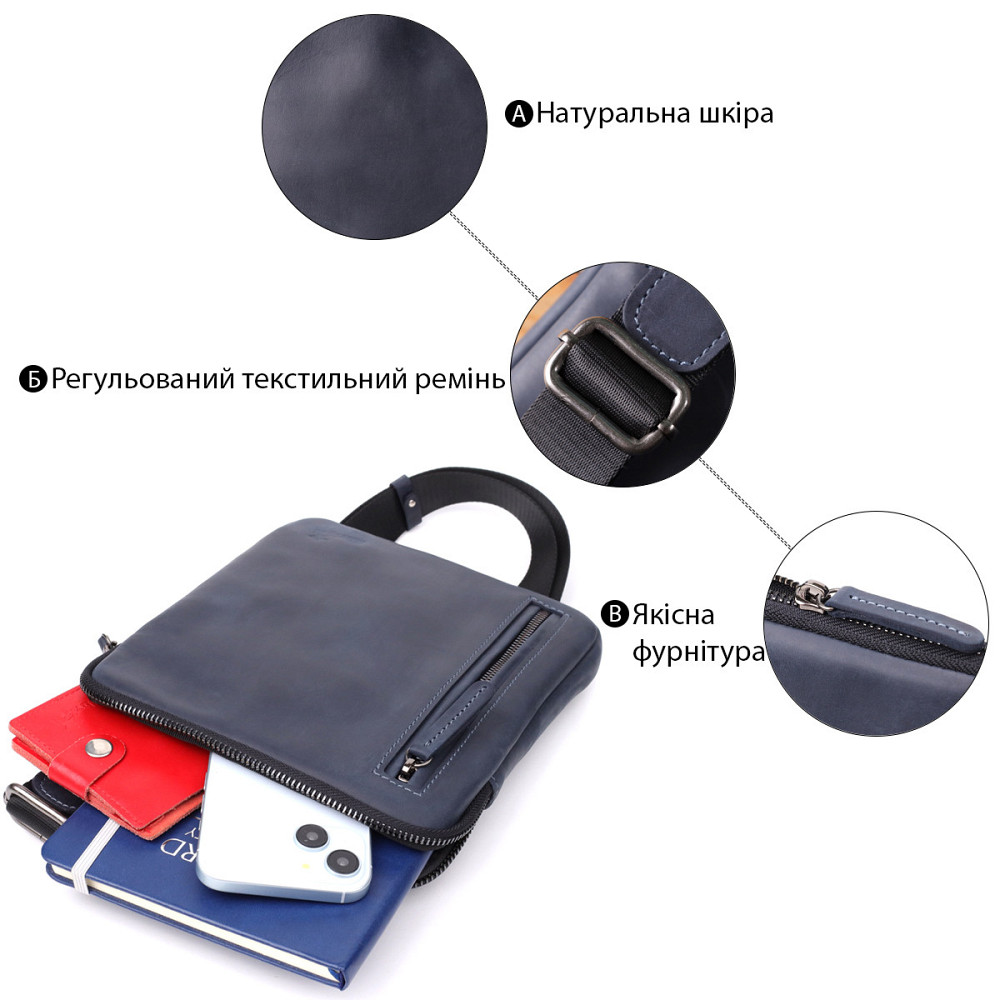 Сумка небольшого размера для мужчин на плечо из натуральной винтажной кожи Shvigel 23148 Синий Киев - изображение 4