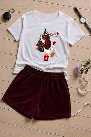 Жіночий домашній костюм-двійка з новорічним принтом турецький кулір бавовна + преміальний велюр Бордовий 2, 50/52 Одеса