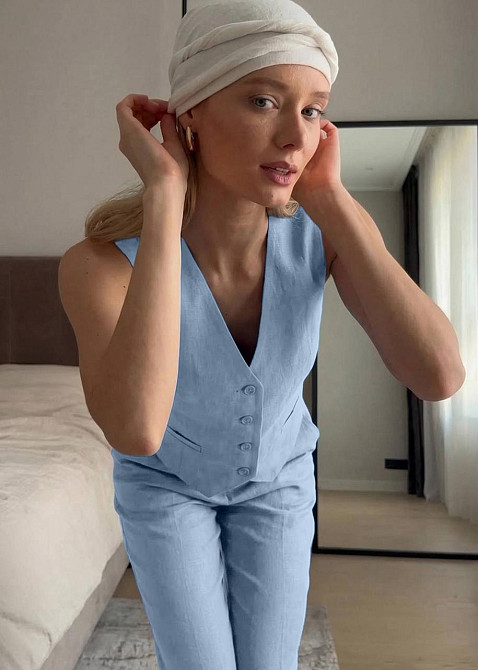 Жіночий стильний літній костюм-двійка льон Блакитний, 46/48 Одеса - фото 3