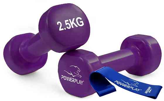 Гантелі вінілові PowerPlay 4125 Achilles 2*2.5 кг. Фіолетові (пара - 2шт.) + Резинка для фітнесу 7,5 Каменское