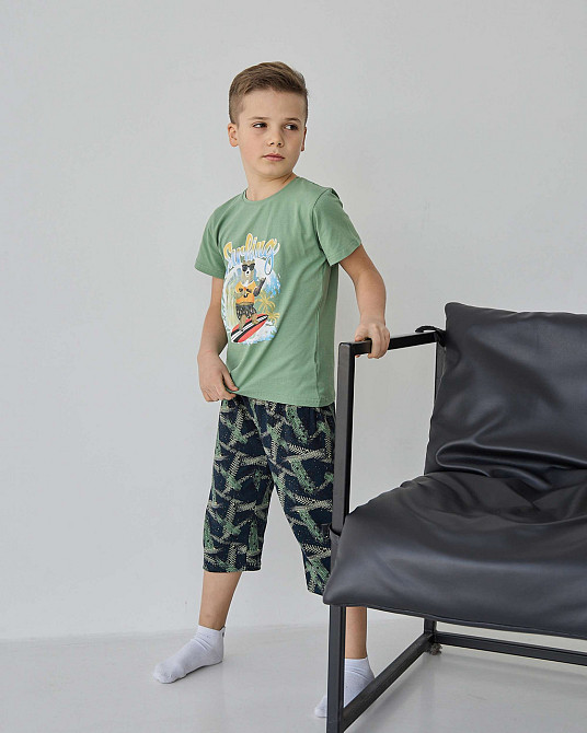 Подростковый комплект с шортами на мальчика Tom John - Мишка на серфе - Family look папа/сын 89900 8-9, Хаки Киев - изображение 1