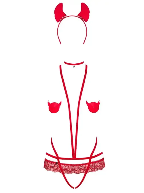 Еротичний костюм чортика зі стреп Obsessive Evilia teddy red L/XL, боді, чокер, накладки на соски, о Львів - фото 3