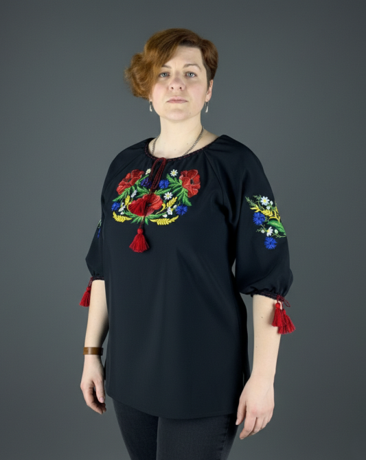 Женская черная натуральная вышиванка «Мак-волошка» полевые цветы Киев - изображение 3
