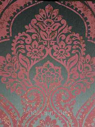 Шпалери текстильні еко 0.53х10.05 Rasch Textil Valentina класика вензелі дамаски бордові на чорно сірому Київ