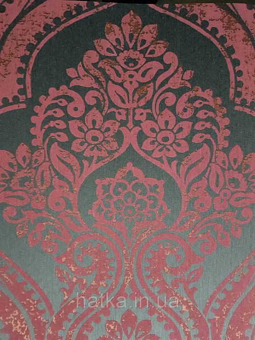 Шпалери текстильні еко 0.53х10.05 Rasch Textil Valentina класика вензелі дамаски бордові на чорно сірому Київ - фото 3