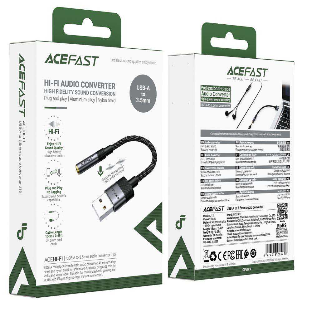 Аудио кабель ACEFAST J13 USB-A to 3.5mm female, nylon braid, 0.15m, Black Одесса - изображение 2