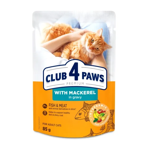 Полнорационный консервированный корм для взрослых кошек CLUB 4 PAWS Премиум с макрелью в соусе, 85 г Винница