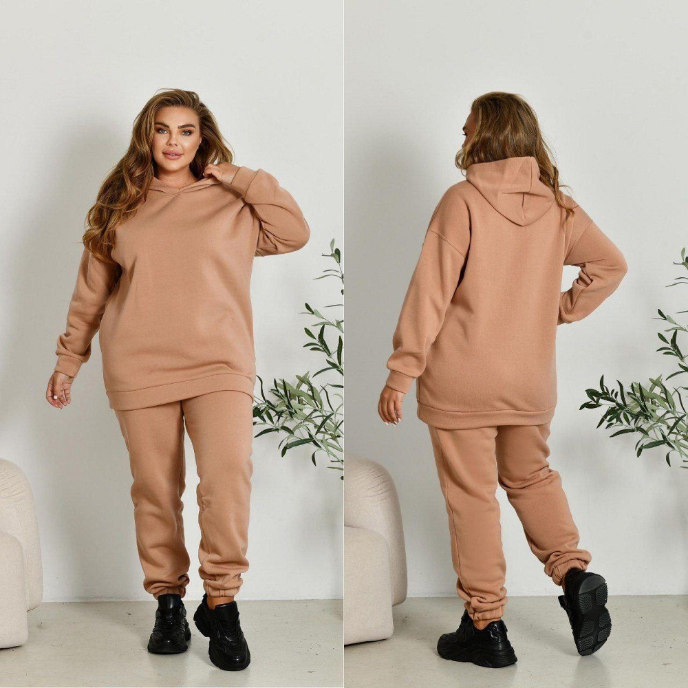 Женский прогулочный костюм: худи и штаны батал в спортивном стиле трехнитка на флисе Беж, 56/58 Одесса - изображение 1