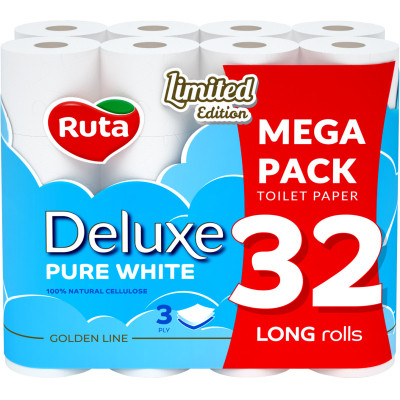 Туалетная бумага Ruta Pure White Deluxe 3 слоя 160 отрывов 32 рулона (4820202896135) Винница - изображение 1
