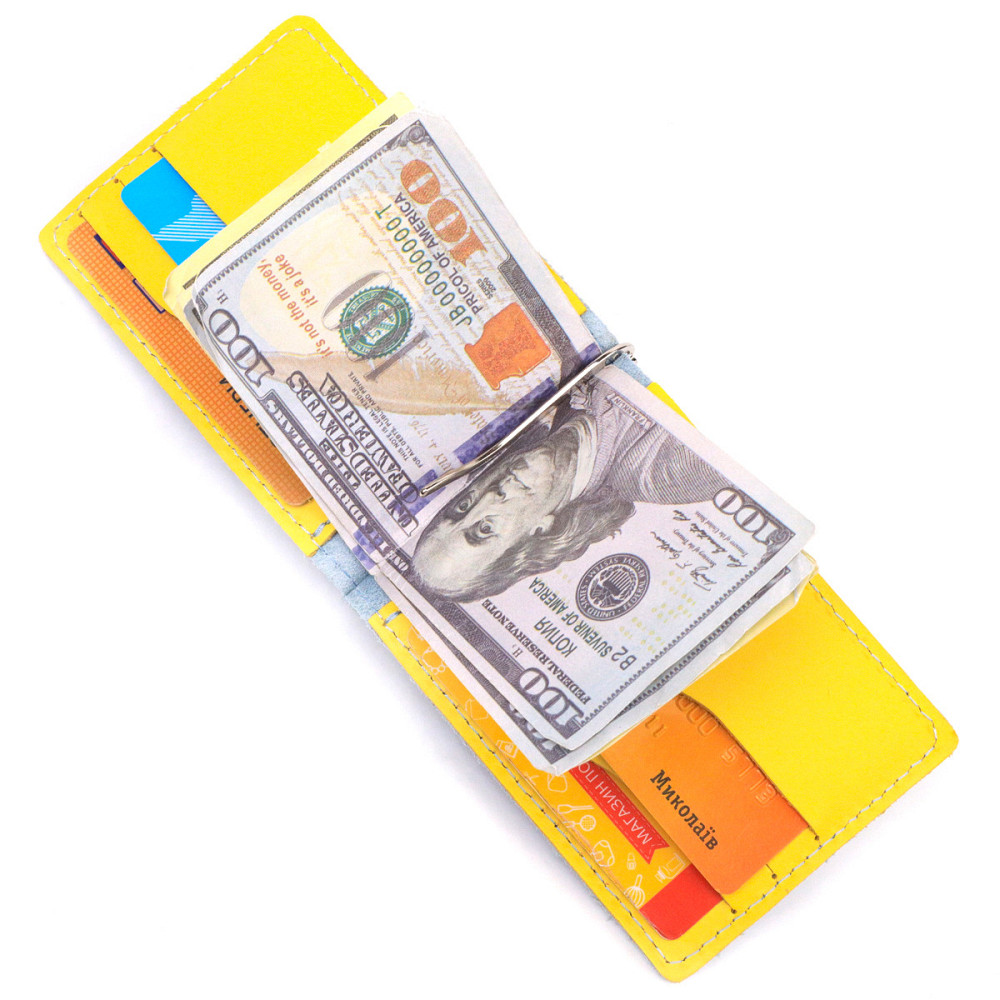 Чудовий шкіряний затискач комбі двох кольорів Серце GRANDE PELLE 16715 Жовто-блакитний Київ - фото 4