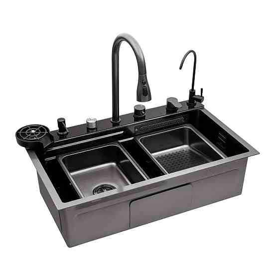 Кухонная мойка Kroner KRP Schwarze - SET7545F4HM PVD (3.0/0.8 мм) в комплекте со смесителем, дозатором, краном, графит Киев