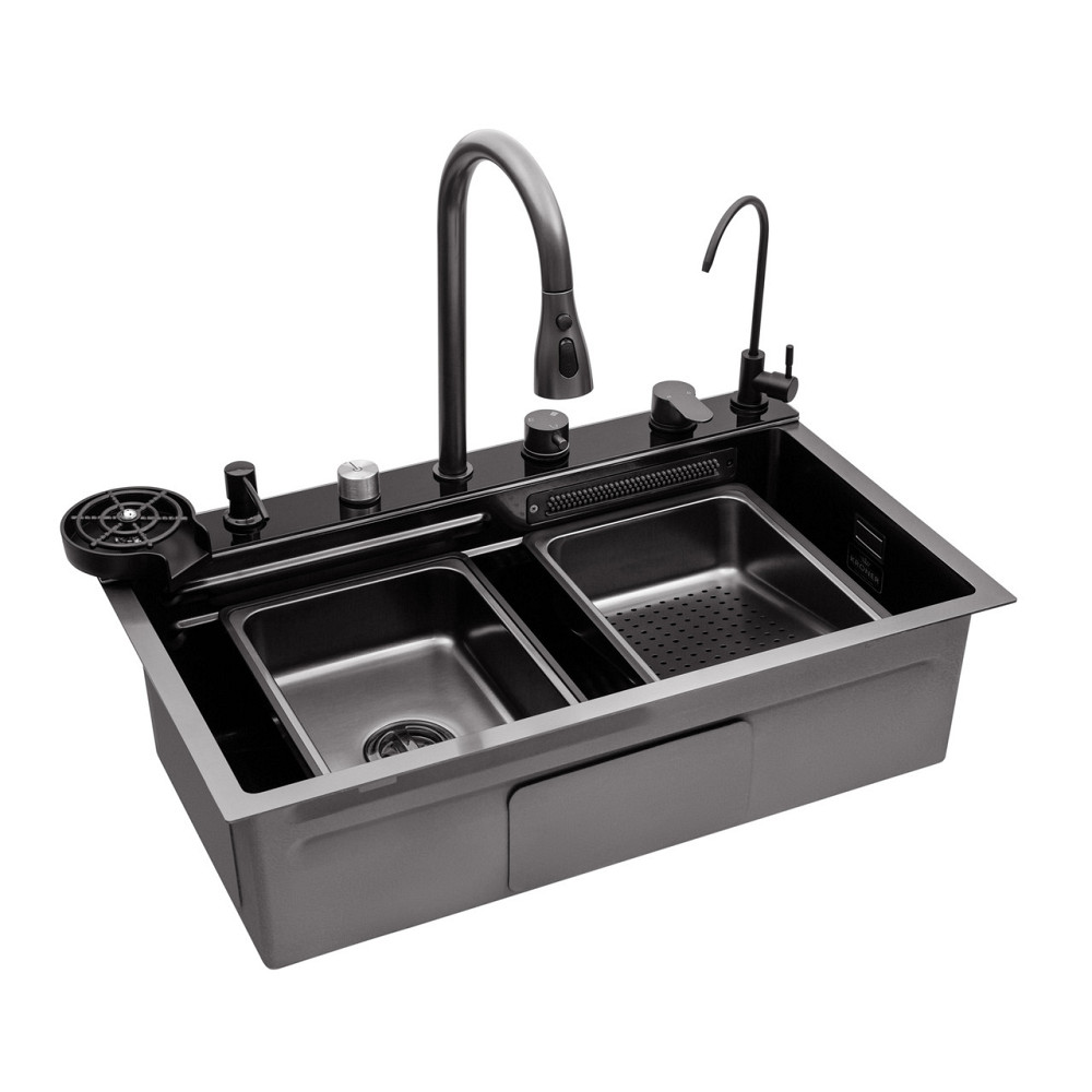 Кухонная мойка Kroner KRP Schwarze - SET7545F4HM PVD (3.0/0.8 мм) в комплекте со смесителем, дозатором, краном, графит Киев - изображение 4