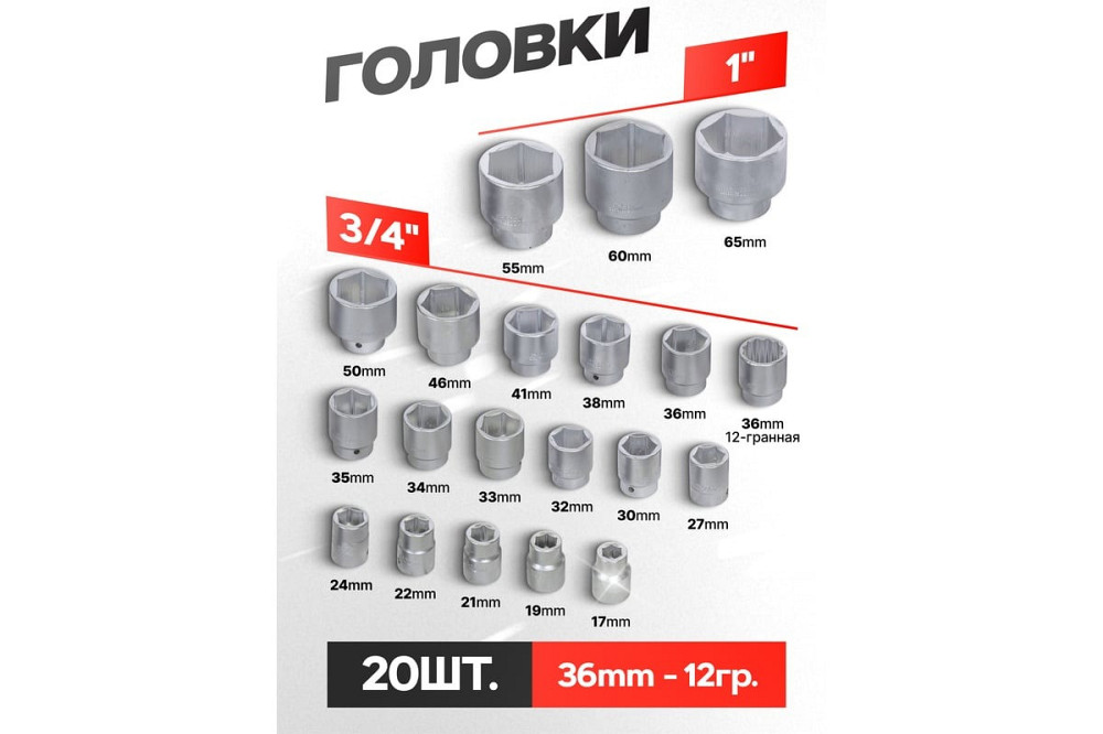 Набір інструментів 1", 3/4" 6-гранні (17-65мм) 26 предметів ROCKFORCE RF-68263-5 Одеса - фото 3