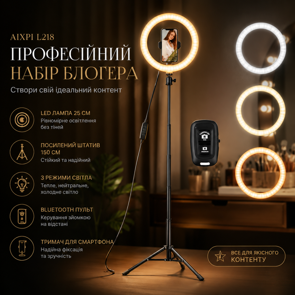 Професійний набір блогера кільцева LED лампа AIXPI L218 25 см із посиленим штативом 150 см, пультом та Bluetooth Київ - фото 6