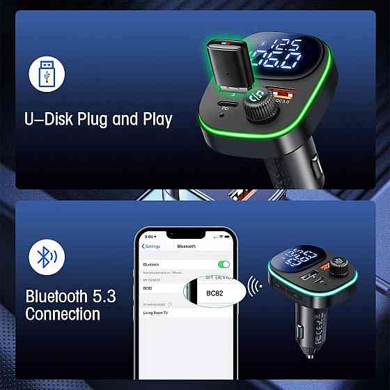 Bluetooth адаптер для авто Hoppac BC82 hands-free USB-C PD 30W QC3.0 LED дисплей 7 цветов подсветка Киев