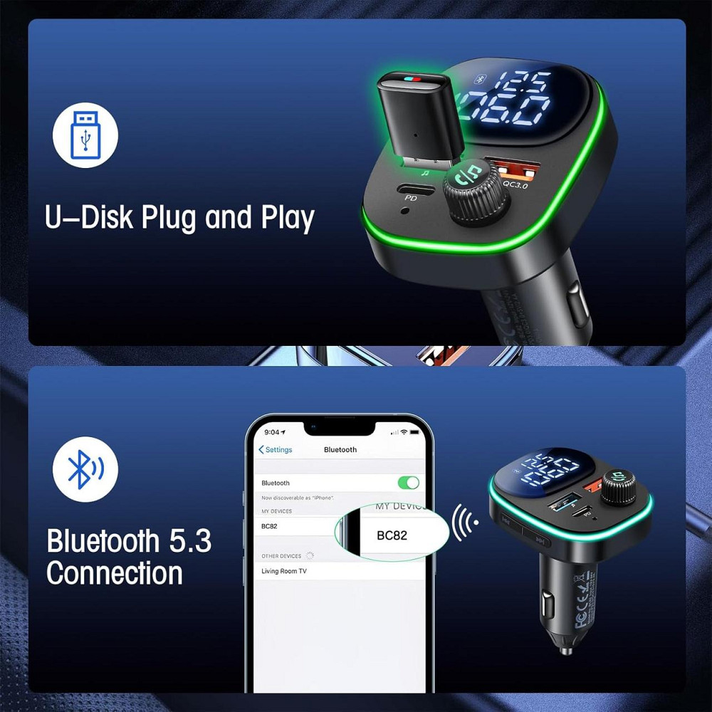 Bluetooth адаптер для авто Hoppac BC82 hands-free USB-C PD 30W QC3.0 LED дисплей 7 цветов подсветка Киев - изображение 4