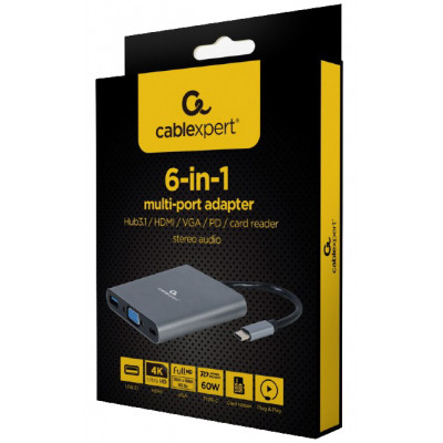 Концентратор Cablexpert USB-C 6-in-1 (Hub3.1/HDMI/VGA/PD/card-reader/audio) (A-CM-COMBO6-01) Вінниця - фото 3