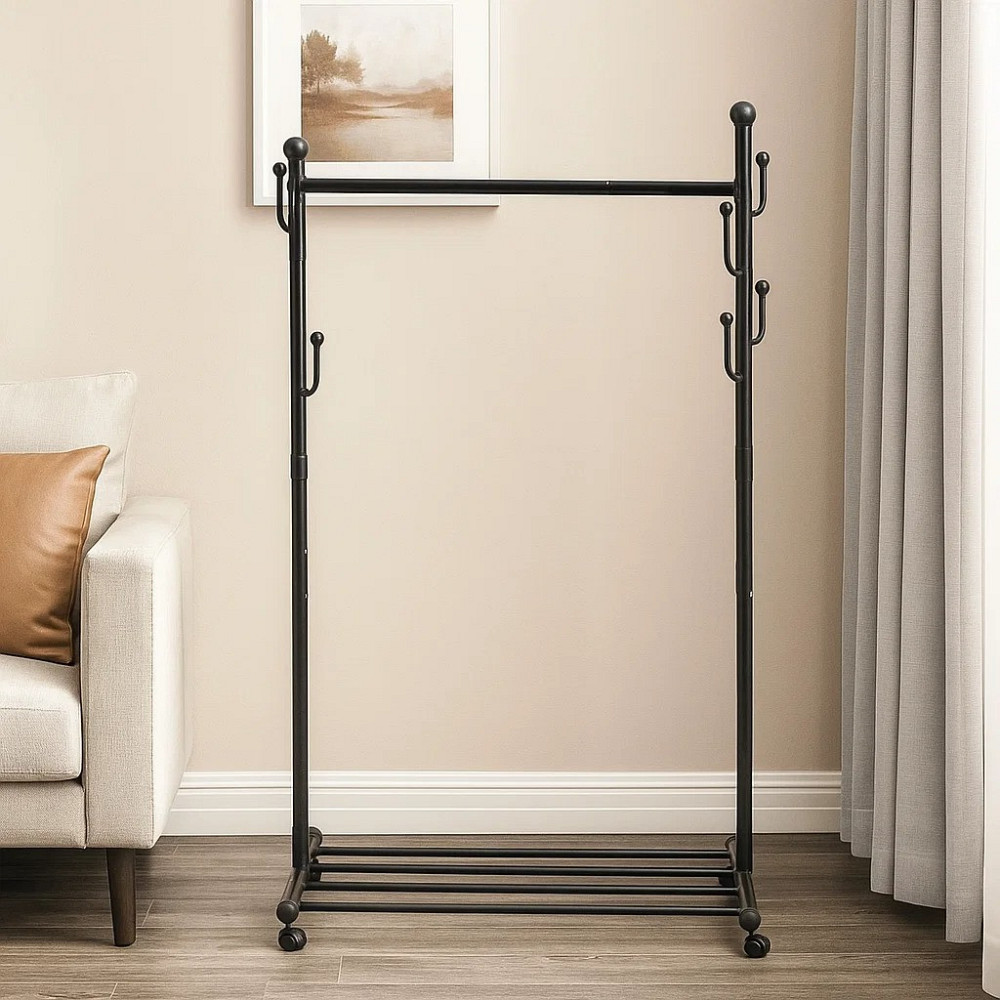 Вішалка пересувна для одягу металева зі стійкою для тремпелів і стійкою з гачками колір чорний Кам'янець-Подільський - фото 5