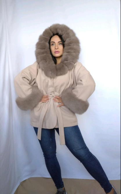 Пончо пальто жіноче з хутром капюшон і манжети Бежевий 50/52 Харків - фото 2