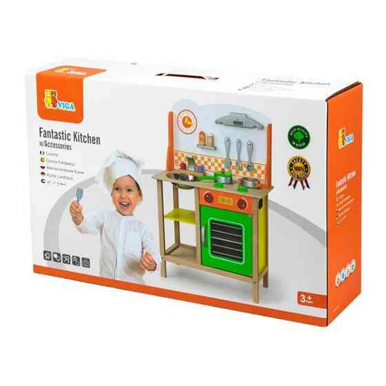 Дитяча кухня Viga Toys з дерева з посудом (50957FSC) Харків