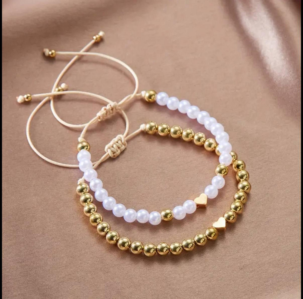 Набор женских браслетов с имитацией жемчуга и сердечками, золотистый Киев - изображение 1