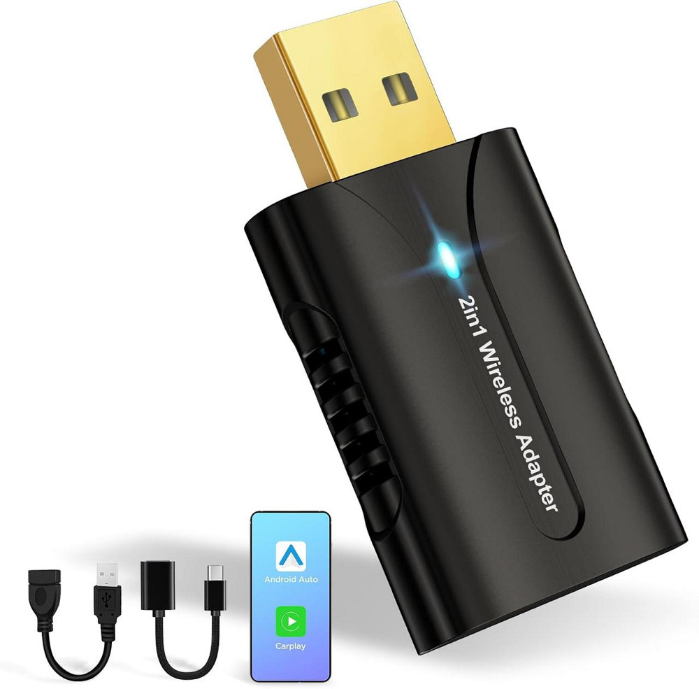 Автомобільний бездротовий адаптер DYUZO 2-в-1 для CarPlay і Android Auto, з позолоченим мідним інтерфейсом, USB-A/USB-C Київ - фото 1