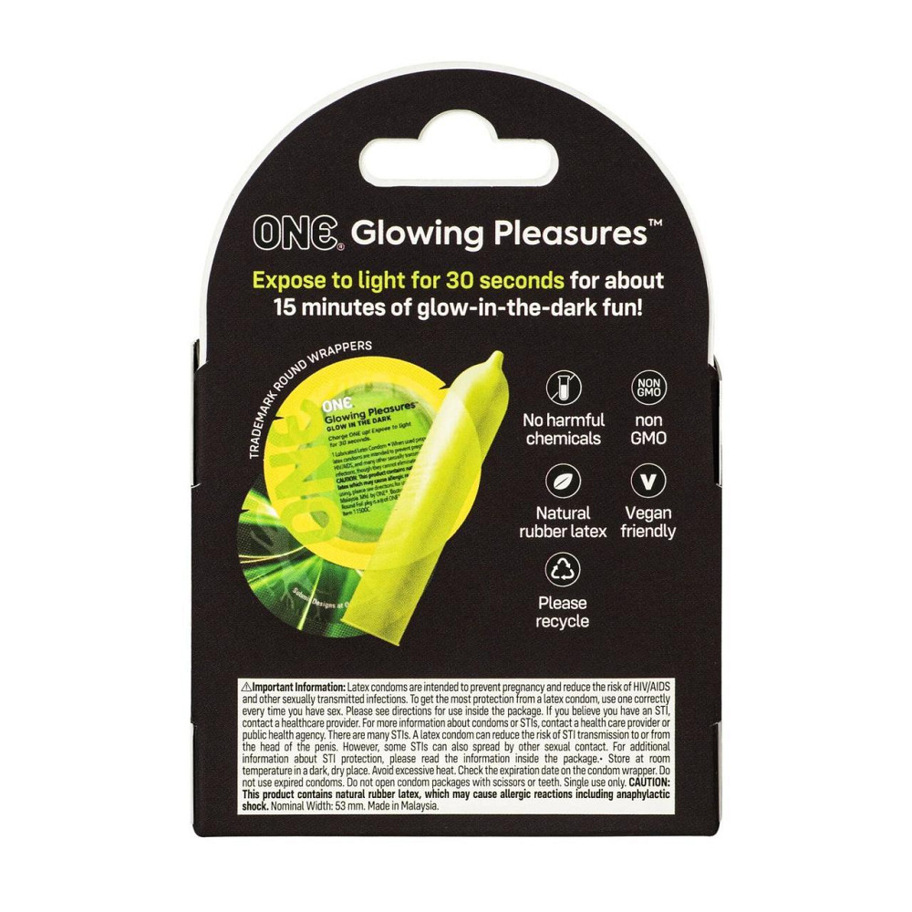 Презервативи ONE Glowing Pleasures, 3 шт, світяться в темряві, зі змазкою, картонне паковання Sex Aura Київ - фото 2